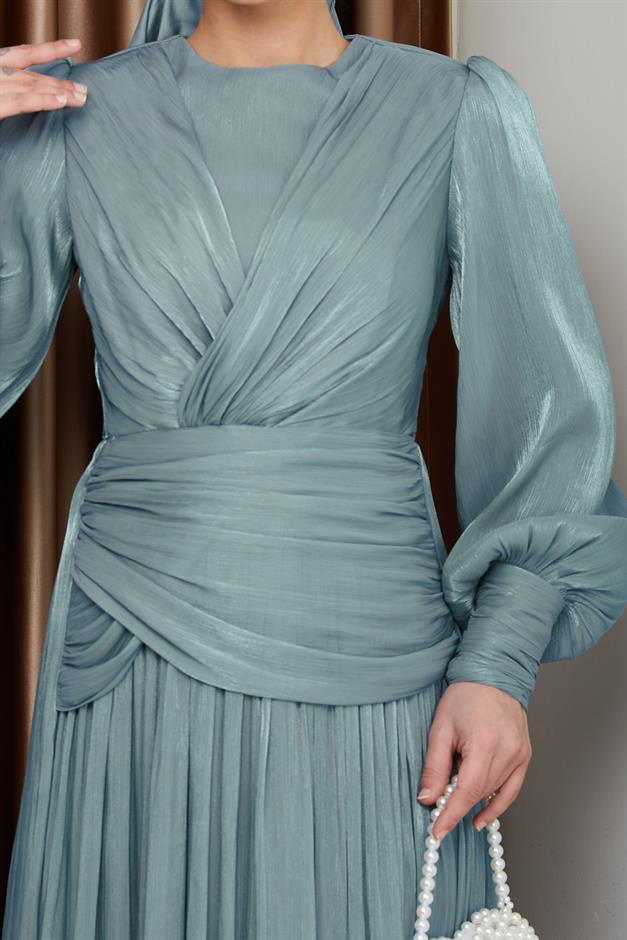 فستان سهرة شيفون كريستالي للحجاب مع تفاصيل الكشكشة والكسرات أخضر مائي 1230