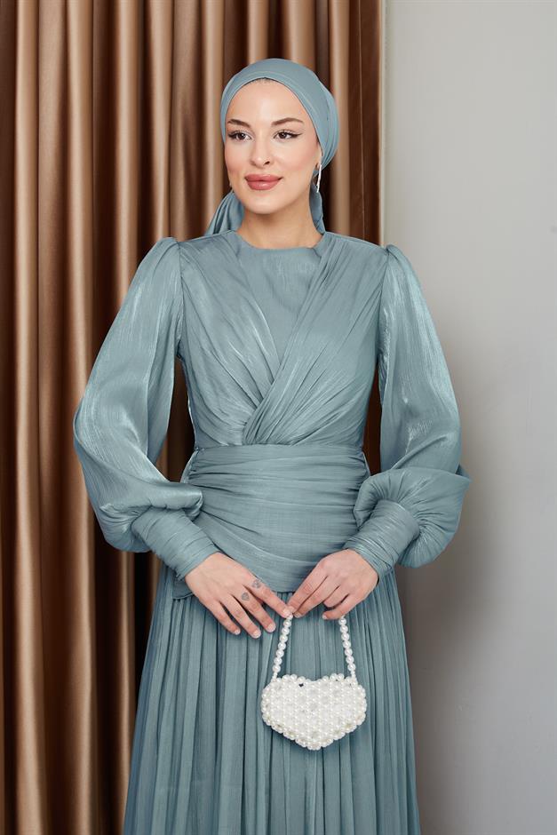 فستان سهرة شيفون كريستالي للحجاب مع تفاصيل الكشكشة والكسرات أخضر مائي 1230