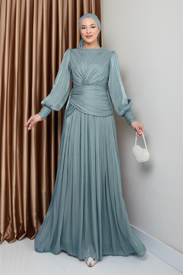 فستان سهرة شيفون كريستالي للحجاب مع تفاصيل الكشكشة والكسرات أخضر مائي 1230