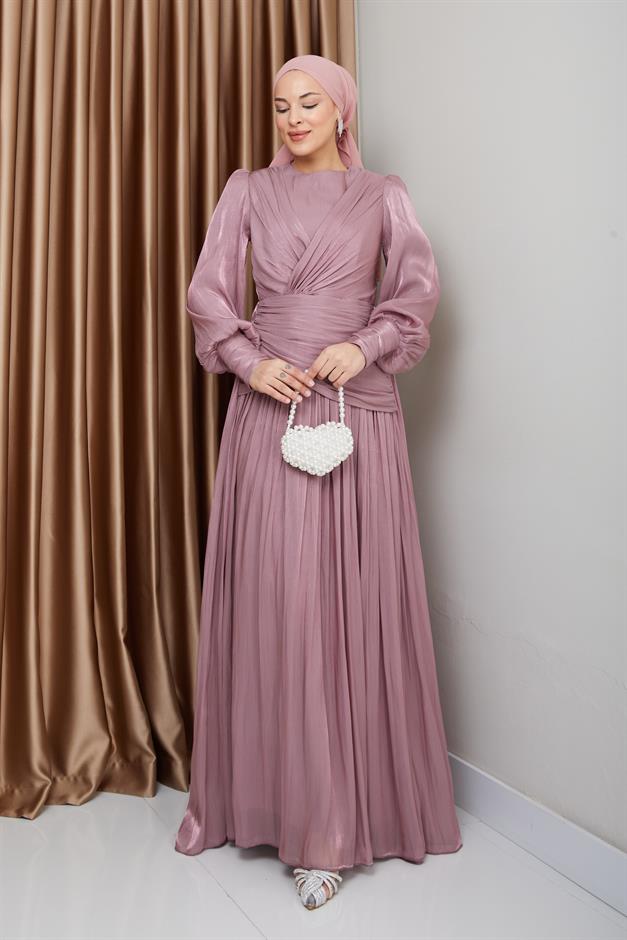Crystal Chiffon Hijab Evening Dress with Flounce and Pleat Details ROSE 1230