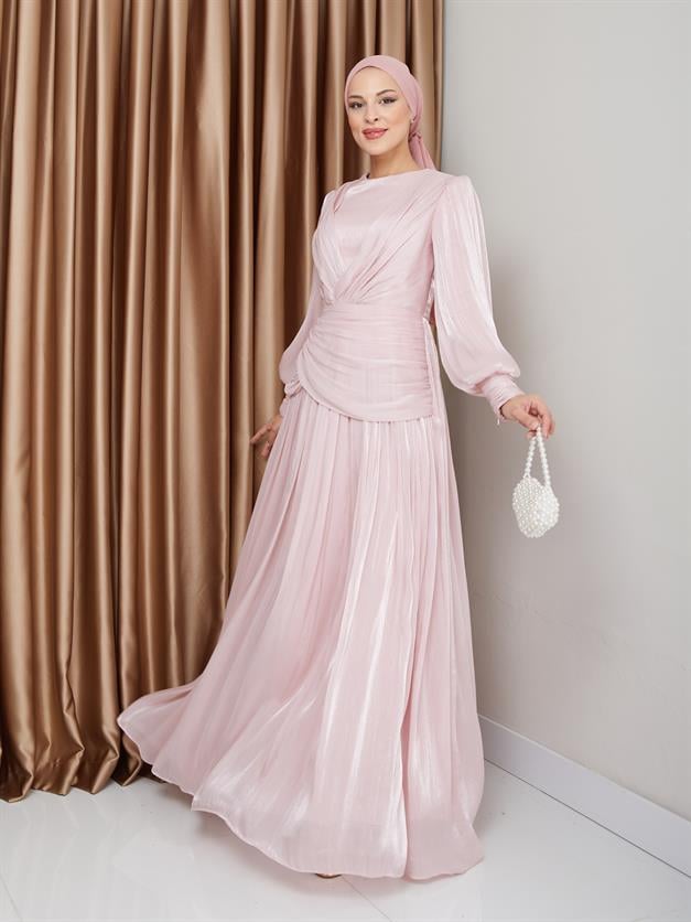 فستان سهرة شيفون كريستالي للحجاب مع تفاصيل الكشكشة والكسرات مسحوق 1230