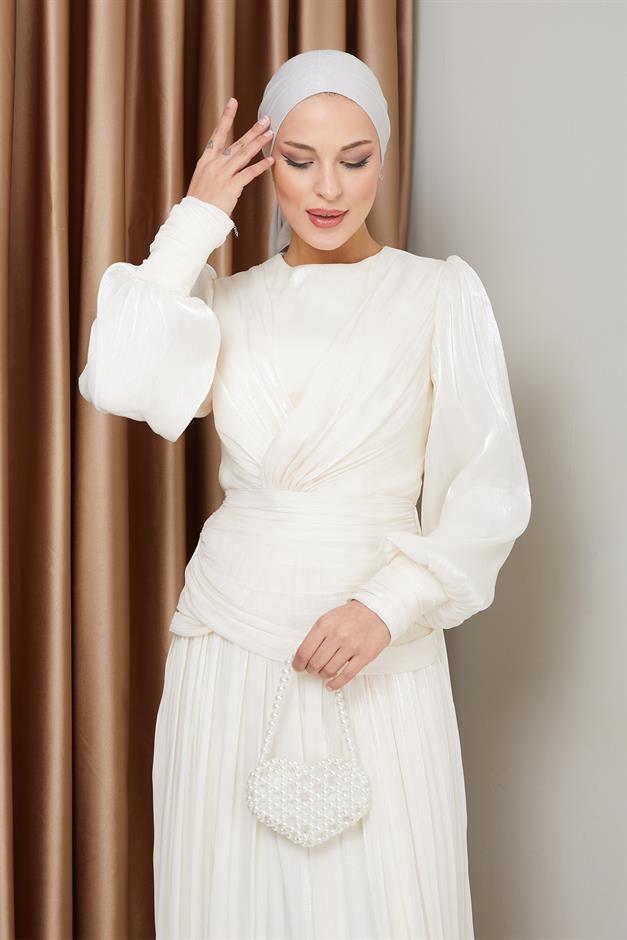 فستان سهرة شيفون كريستالي للحجاب مع تفاصيل الكشكشة والكسرات وحدة التحكم الإلكترونية 1230