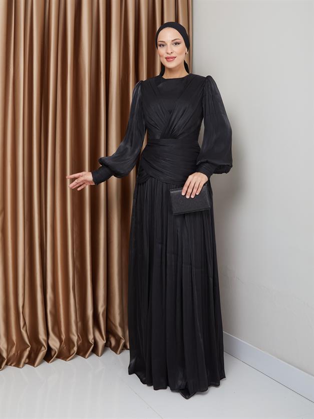 فستان سهرة شيفون كريستالي للحجاب مع تفاصيل الكشكشة والكسرات أسود 1230