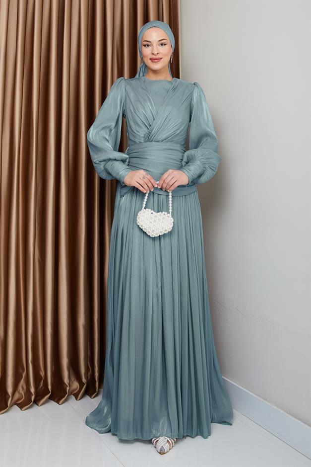 فستان سهرة شيفون كريستالي للحجاب مع تفاصيل الكشكشة والكسرات أخضر مائي 1230