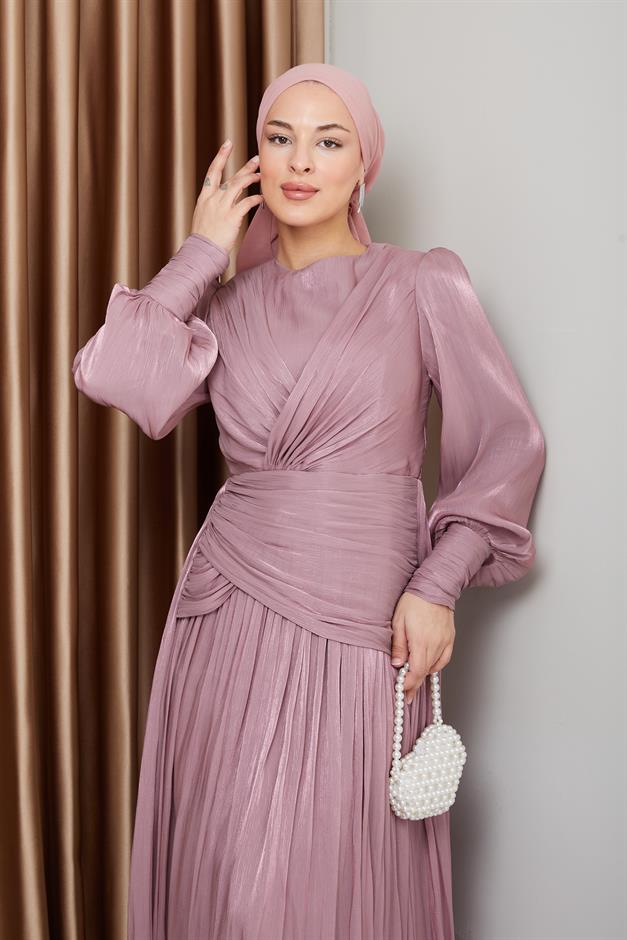 Crystal Chiffon Hijab Evening Dress with Flounce and Pleat Details ROSE 1230