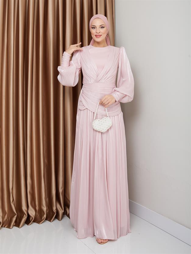 فستان سهرة شيفون كريستالي للحجاب مع تفاصيل الكشكشة والكسرات مسحوق 1230