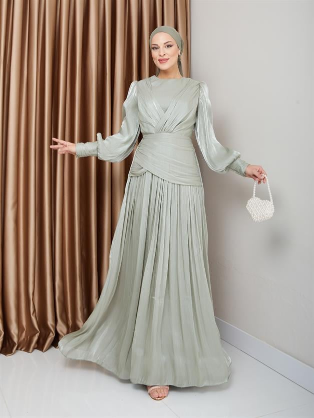 فستان سهرة شيفون كريستالي للحجاب مع تفاصيل الكشكشة والكسرات أخضر فاتح 1230