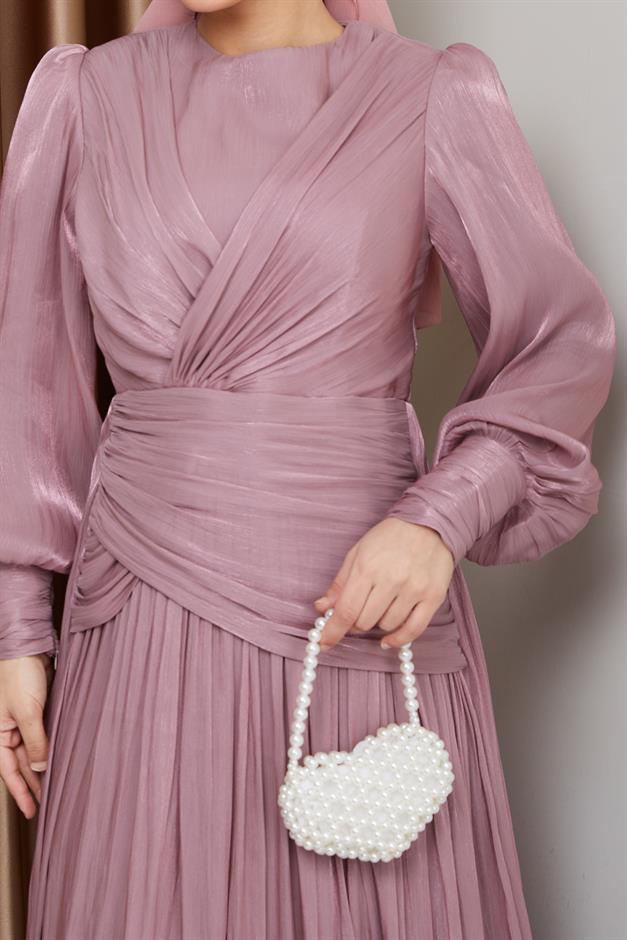 Crystal Chiffon Hijab Evening Dress with Flounce and Pleat Details ROSE 1230