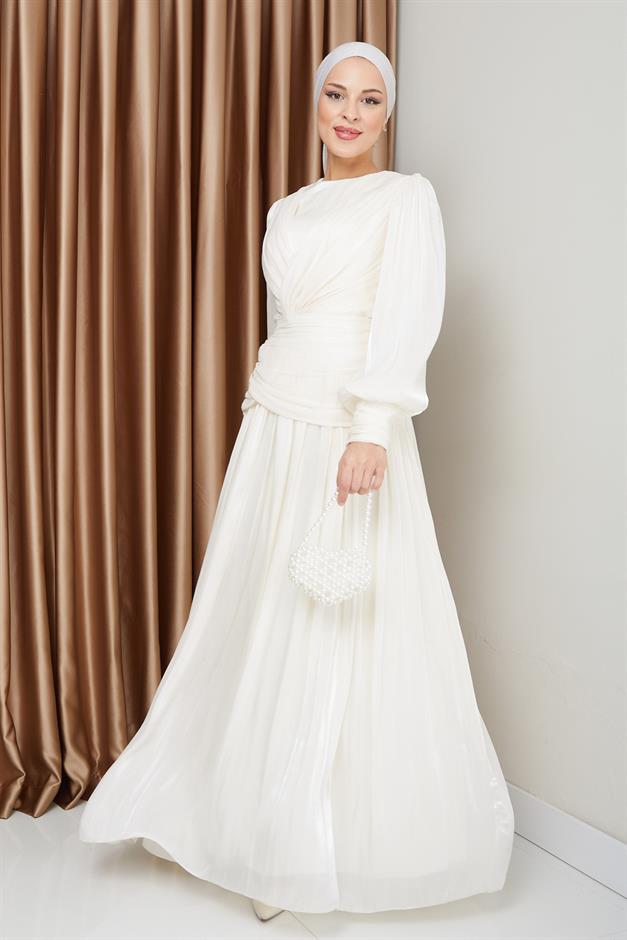 فستان سهرة شيفون كريستالي للحجاب مع تفاصيل الكشكشة والكسرات وحدة التحكم الإلكترونية 1230