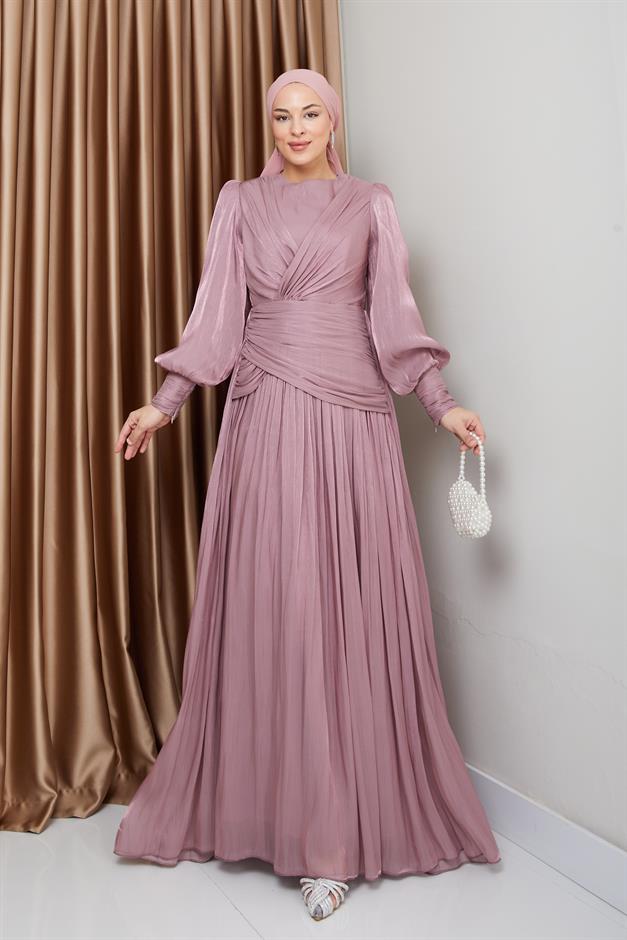 Crystal Chiffon Hijab Evening Dress with Flounce and Pleat Details ROSE 1230