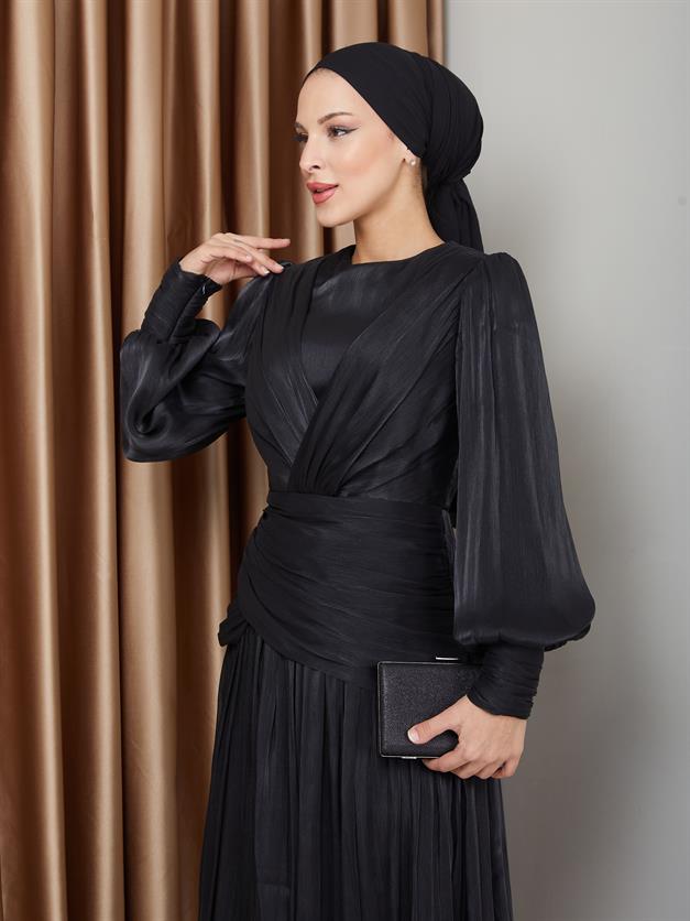 فستان سهرة شيفون كريستالي للحجاب مع تفاصيل الكشكشة والكسرات أسود 1230