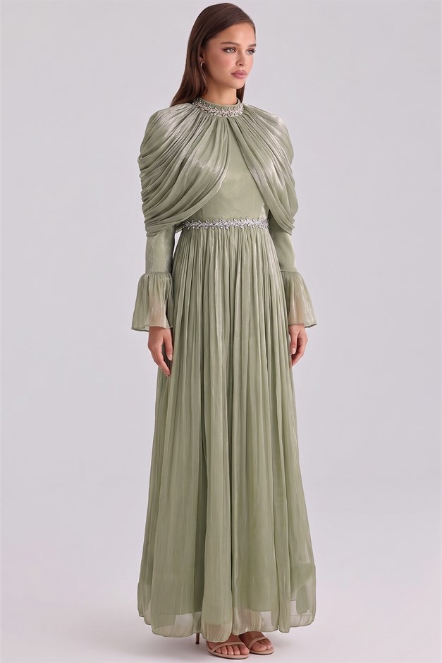 Volan ve Taş Detaylı Piliseli Yoryo İpek Tesettür Abiye Elbise AÇIK YEŞİL 1260