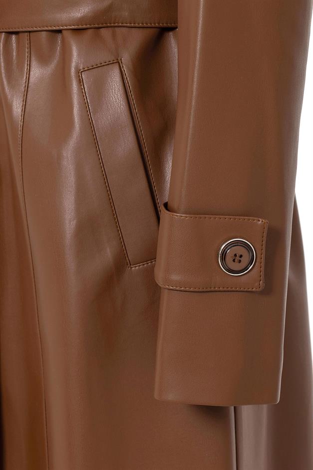 Leather Trench Coat with Zipper Detail on the Collar and Belt Buckle CAMEL 6609