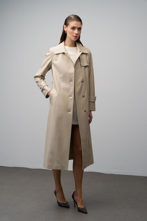 Leather Trench Coat with Zipper Detail on the Collar and Belt Buckle IVORY 6609