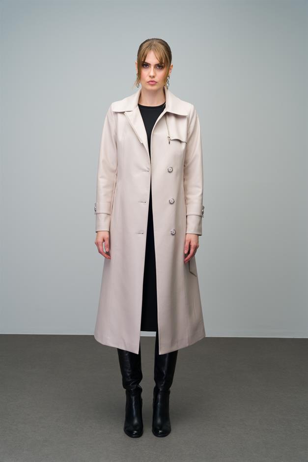Leather Trench Coat with Zipper Detail on the Collar and Belt Buckle STONE 6609