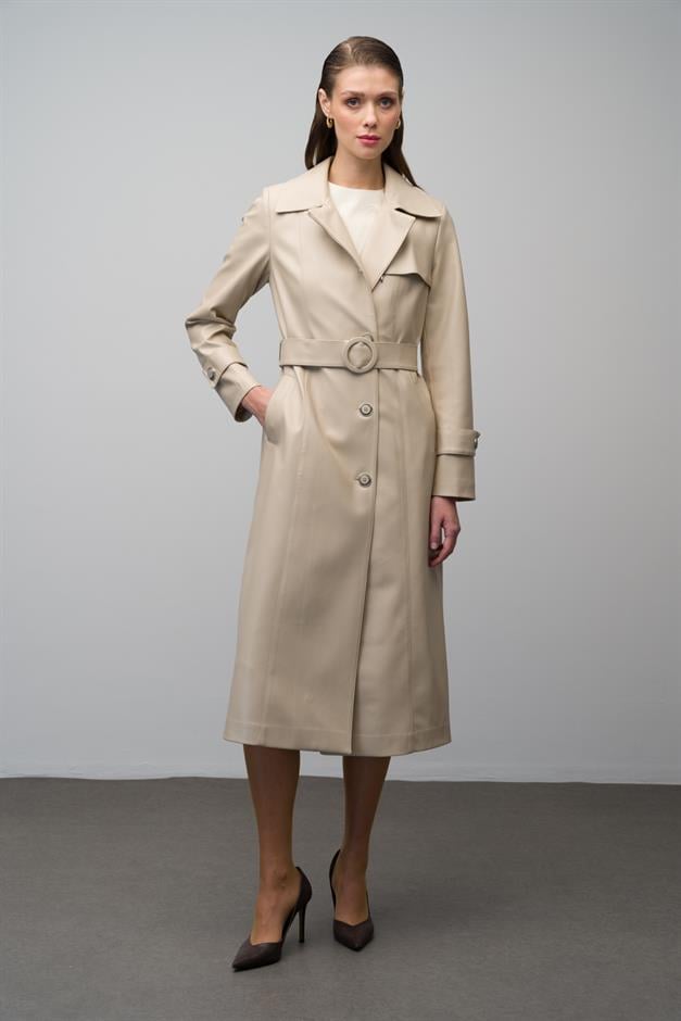 Leather Trench Coat with Zipper Detail on the Collar and Belt Buckle IVORY 6609