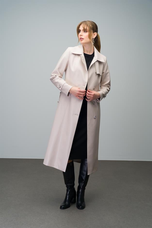 Leather Trench Coat with Zipper Detail on the Collar and Belt Buckle STONE 6609