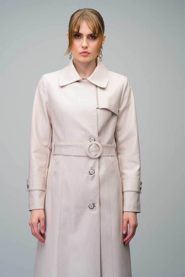 Leather Trench Coat with Zipper Detail on the Collar and Belt Buckle STONE 6609