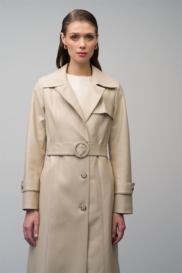 Leather Trench Coat with Zipper Detail on the Collar and Belt Buckle IVORY 6609