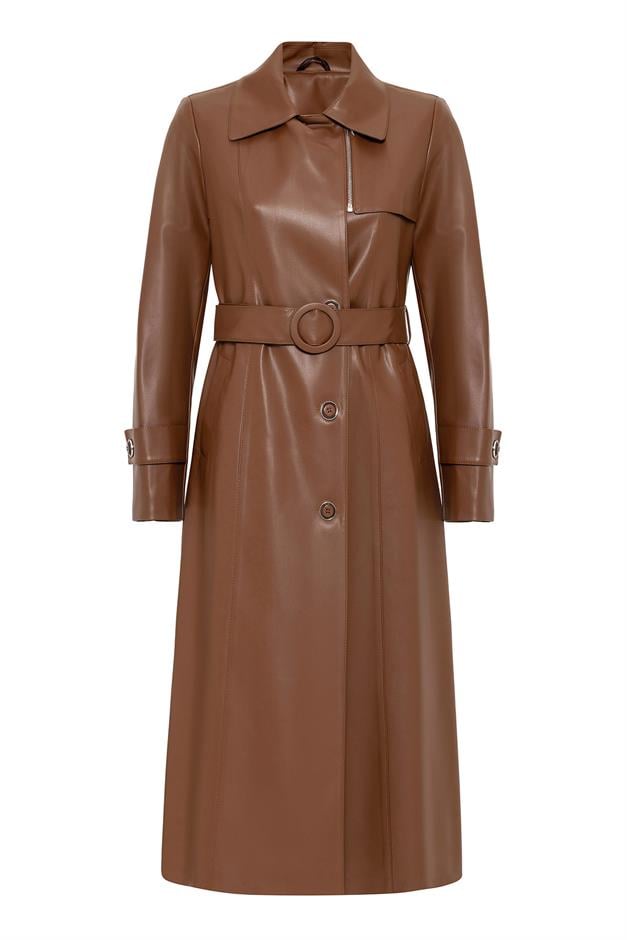 Leather Trench Coat with Zipper Detail on the Collar and Belt Buckle CAMEL 6609