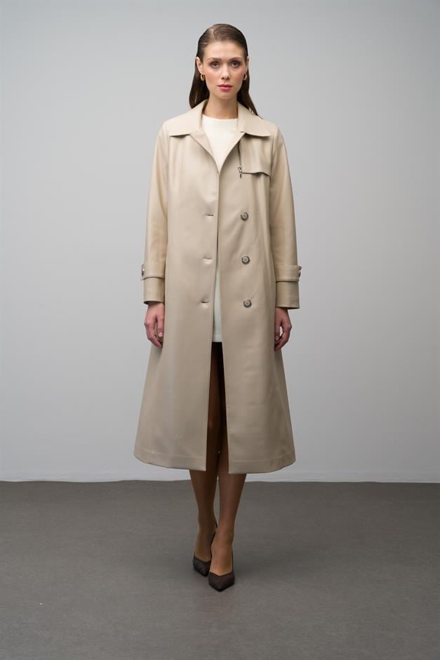 Leather Trench Coat with Zipper Detail on the Collar and Belt Buckle IVORY 6609