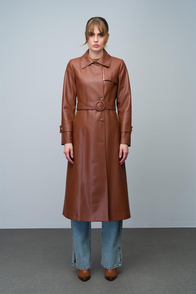 Leather Trench Coat with Zipper Detail on the Collar and Belt Buckle CAMEL 6609