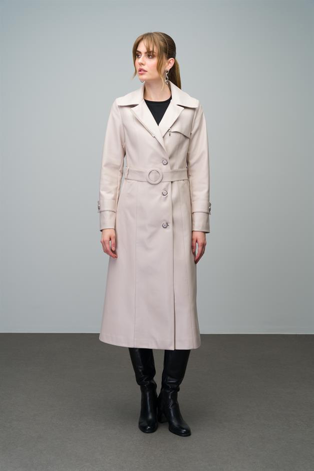 Leather Trench Coat with Zipper Detail on the Collar and Belt Buckle STONE 6609