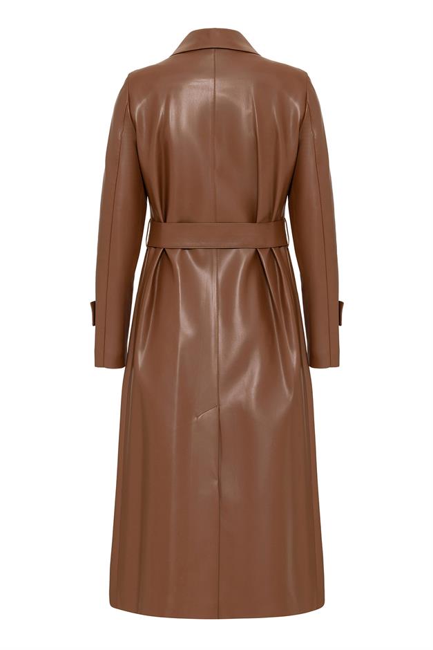 Leather Trench Coat with Zipper Detail on the Collar and Belt Buckle CAMEL 6609