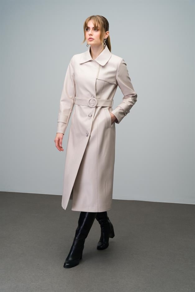 Leather Trench Coat with Zipper Detail on the Collar and Belt Buckle STONE 6609
