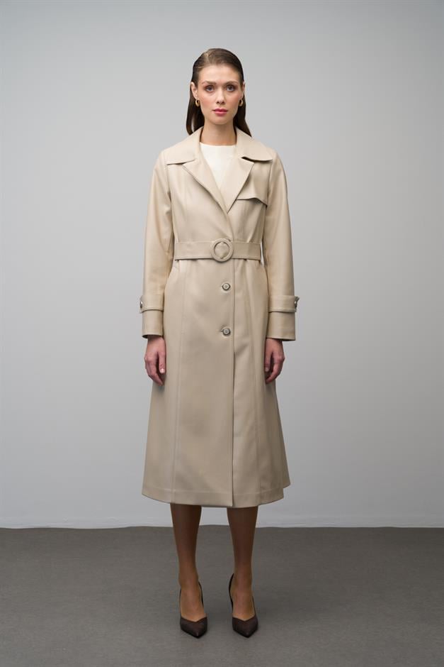 Leather Trench Coat with Zipper Detail on the Collar and Belt Buckle IVORY 6609