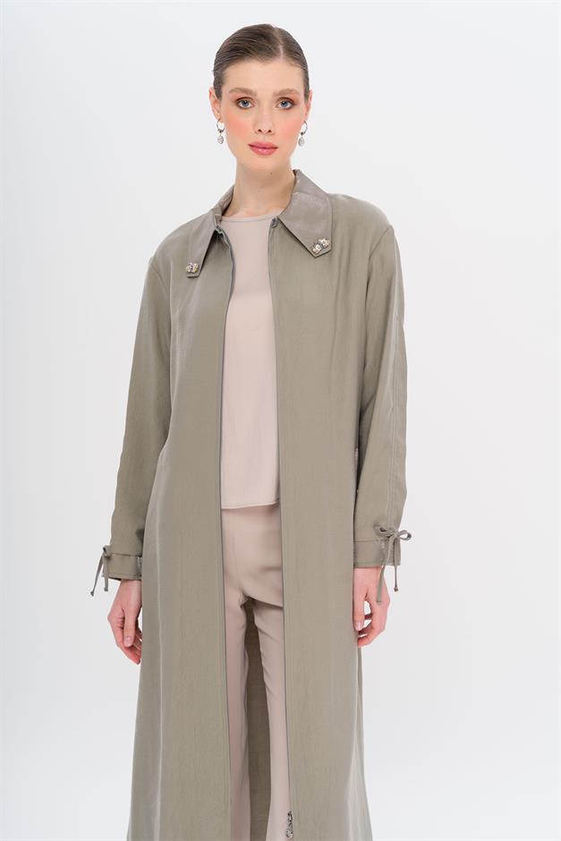 Unlined Modal Cape with Beaded Collar and Gathered Sleeve Detail GREY 6751