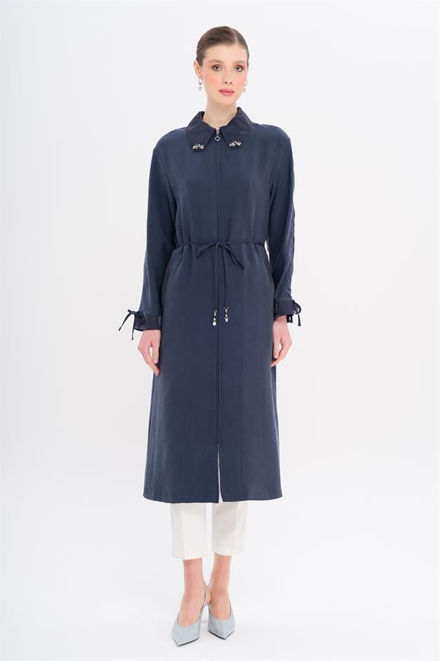 Unlined Modal Cape with Beaded Collar and Gathered Sleeve Detail NAVY 6751