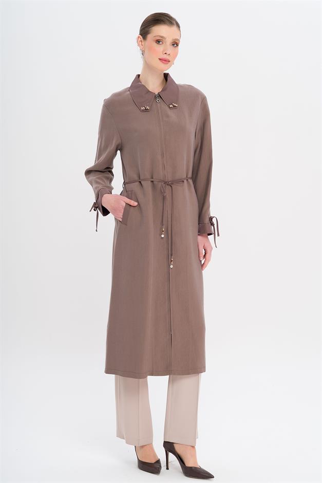 Unlined Modal Cape with Beaded Collar and Gathered Sleeve Detail COFFEE 6751