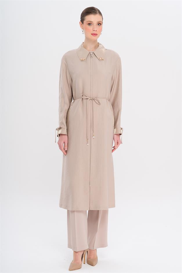 Unlined Modal Cape with Beaded Collar and Gathered Sleeve Detail STONE 6751