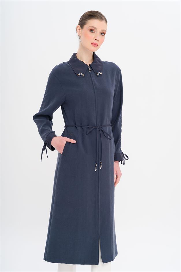 Unlined Modal Cape with Beaded Collar and Gathered Sleeve Detail NAVY 6751