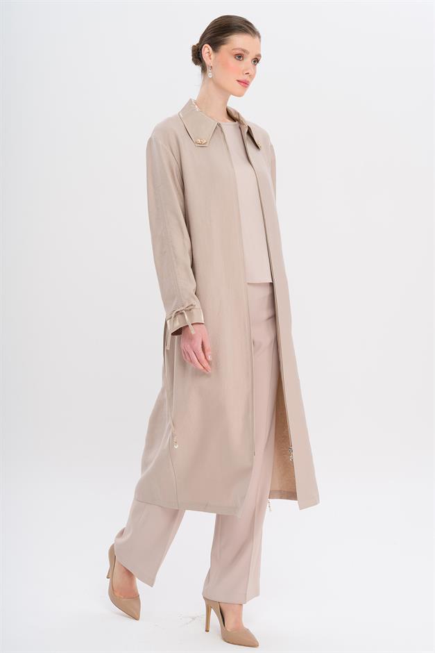 Unlined Modal Cape with Beaded Collar and Gathered Sleeve Detail STONE 6751