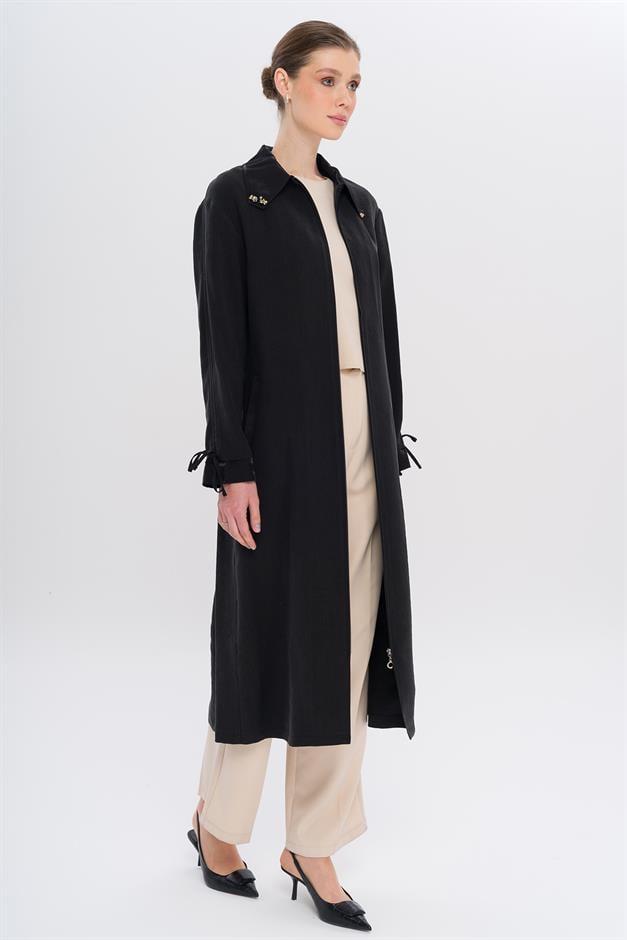 Unlined Modal Cape with Beaded Collar and Gathered Sleeve Detail BLACK 6751