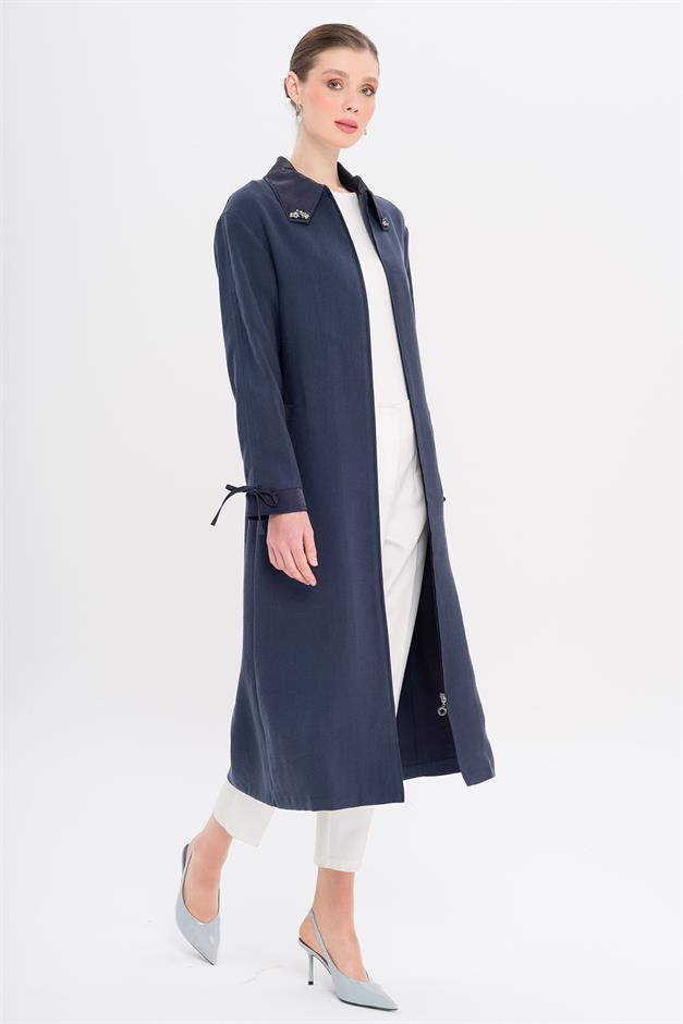 Unlined Modal Cape with Beaded Collar and Gathered Sleeve Detail NAVY 6751