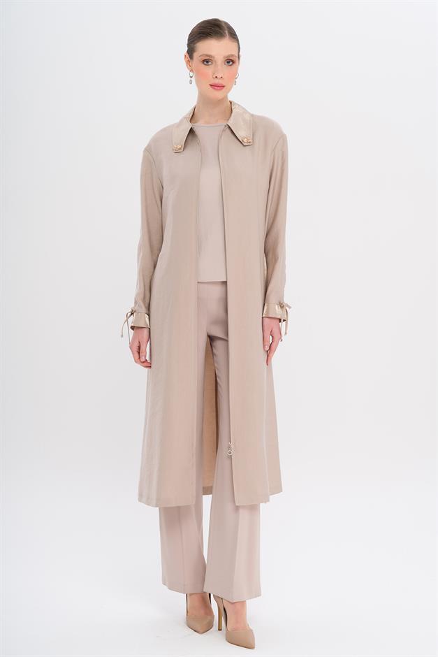 Unlined Modal Cape with Beaded Collar and Gathered Sleeve Detail STONE 6751