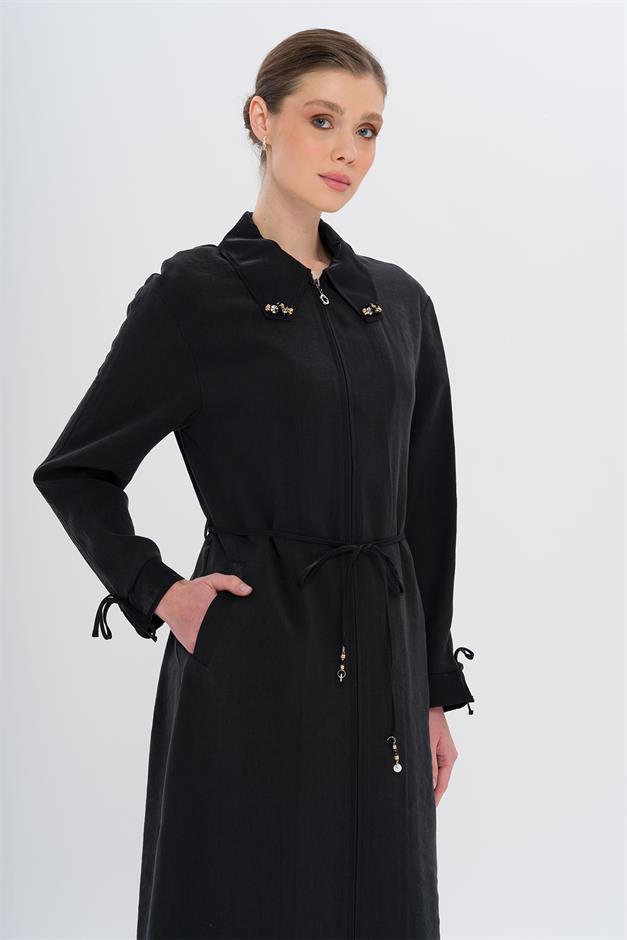 Unlined Modal Cape with Beaded Collar and Gathered Sleeve Detail BLACK 6751