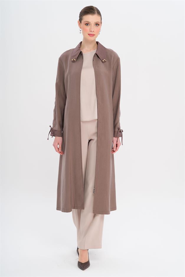 Unlined Modal Cape with Beaded Collar and Gathered Sleeve Detail COFFEE 6751