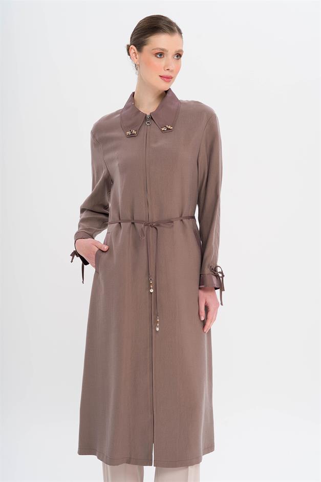 Unlined Modal Cape with Beaded Collar and Gathered Sleeve Detail COFFEE 6751