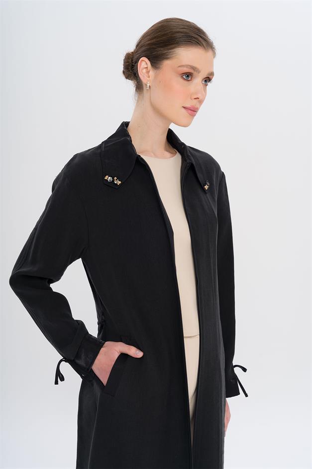 Unlined Modal Cape with Beaded Collar and Gathered Sleeve Detail BLACK 6751