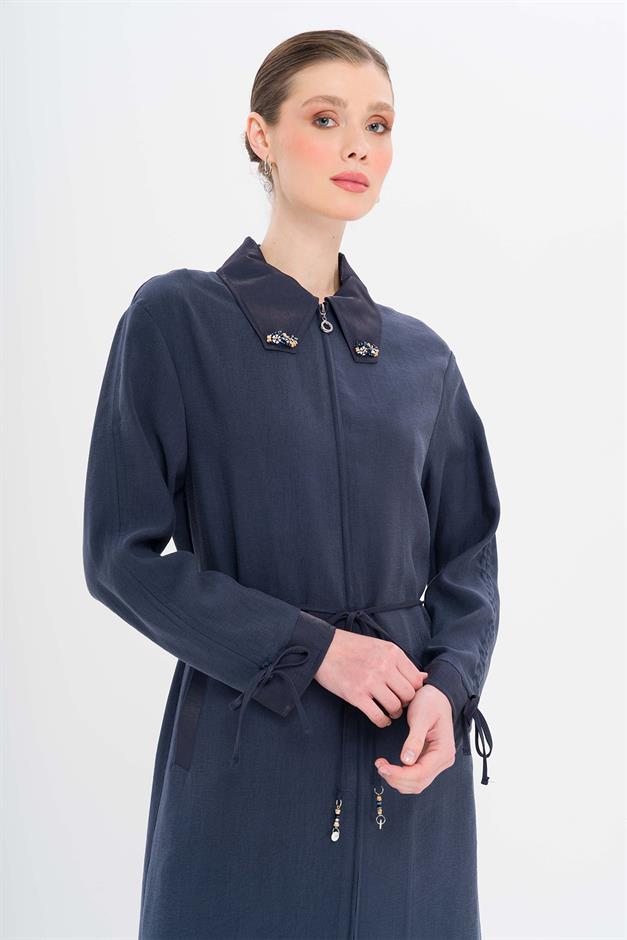 Unlined Modal Cape with Beaded Collar and Gathered Sleeve Detail NAVY 6751
