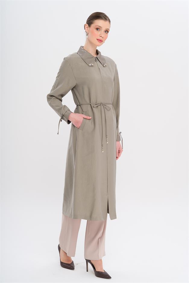Unlined Modal Cape with Beaded Collar and Gathered Sleeve Detail GREY 6751