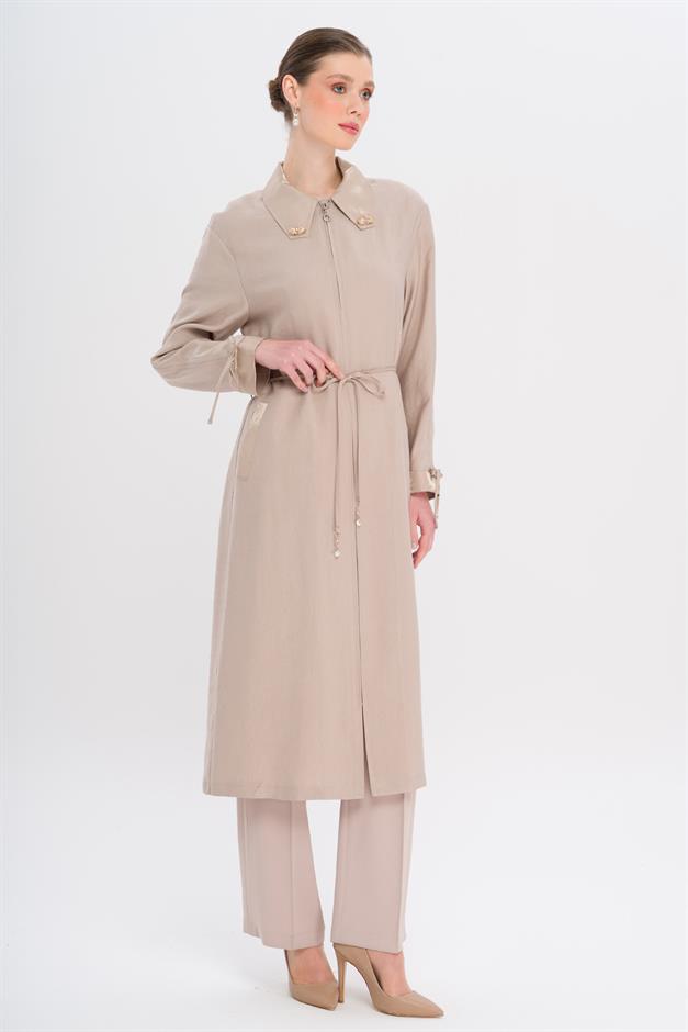 Unlined Modal Cape with Beaded Collar and Gathered Sleeve Detail STONE 6751