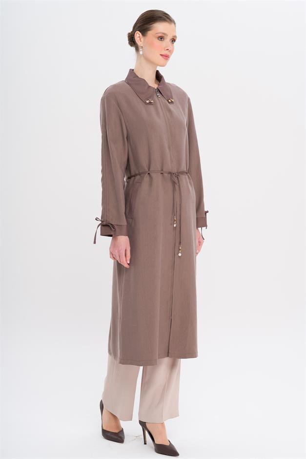 Unlined Modal Cape with Beaded Collar and Gathered Sleeve Detail COFFEE 6751