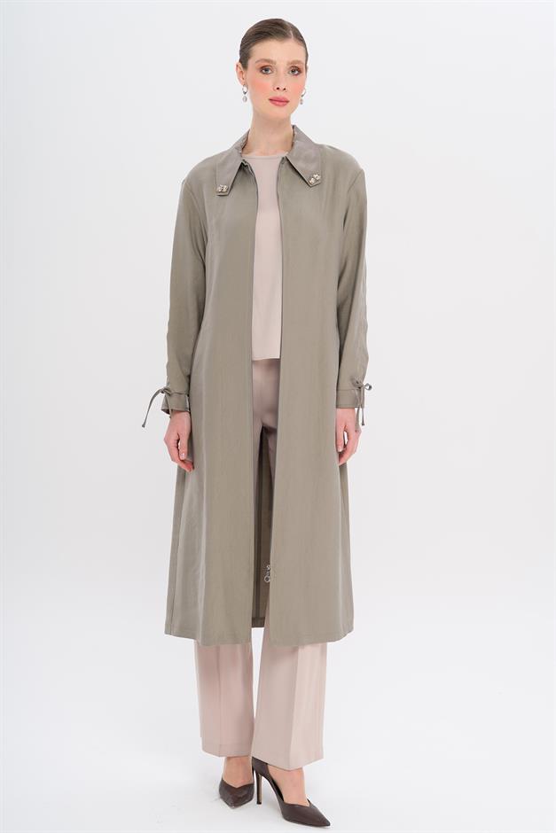 Unlined Modal Cape with Beaded Collar and Gathered Sleeve Detail GREY 6751