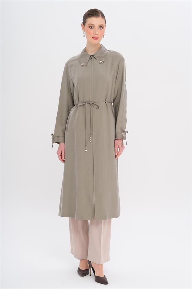 Unlined Modal Cape with Beaded Collar and Gathered Sleeve Detail GREY 6751