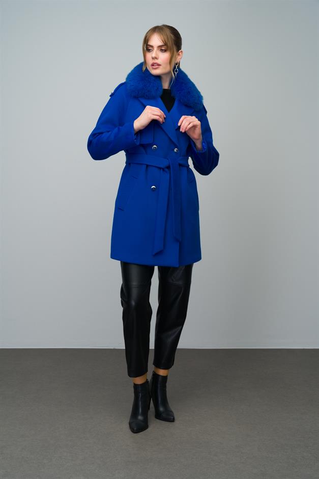 Cashmere Coat with Detachable Fur Epaulette and Cape Detail SAXE 3007-TK